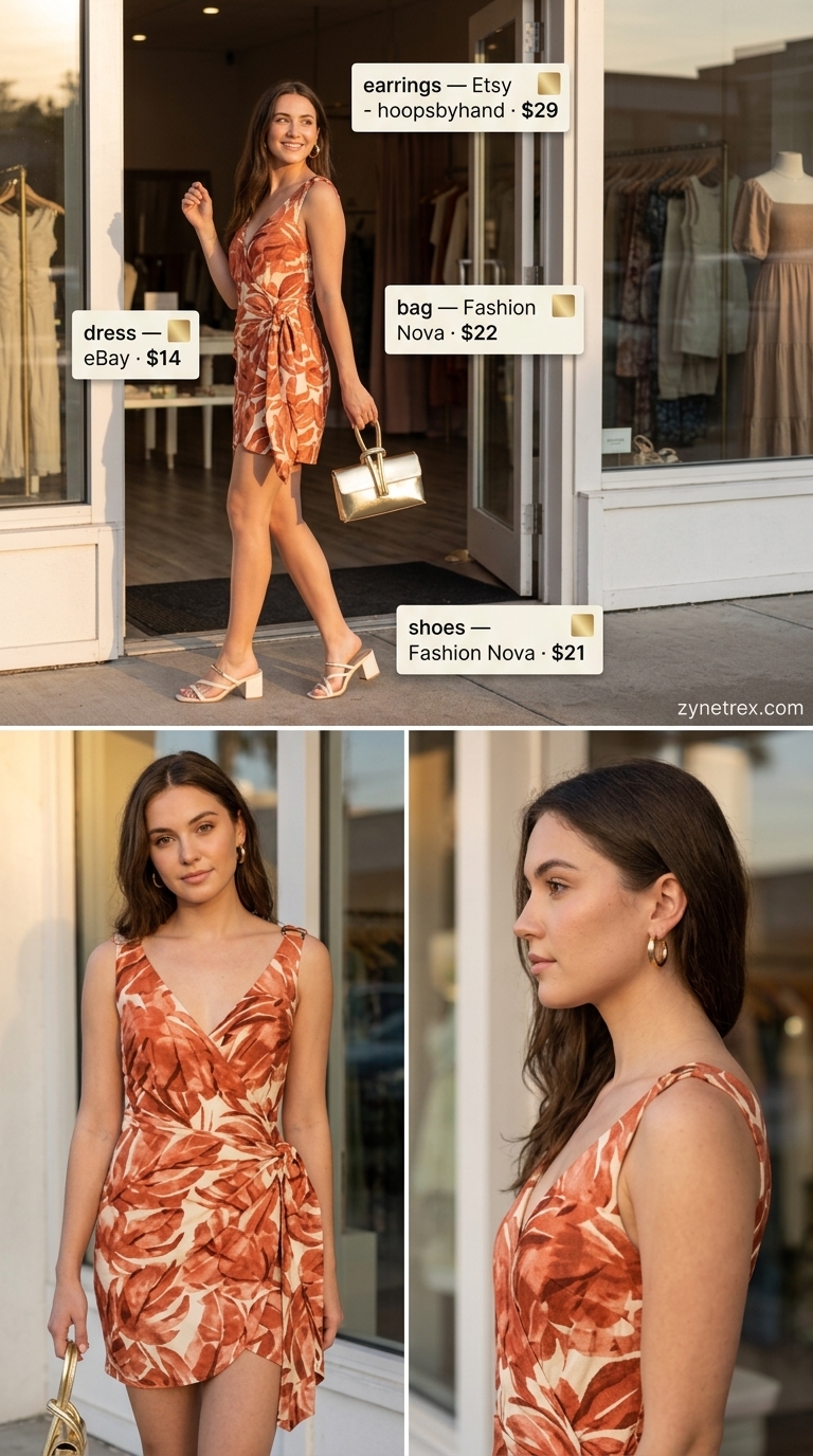 Sunset terrace cocktails outfit: terracotta cotton mini wrap dress, gold clutch, and cream heeled mules.