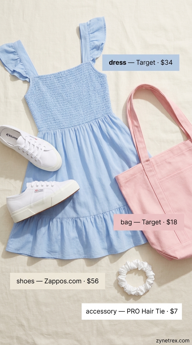 Sweet park rendezvous outfit: sky blue smocked cotton babydoll dress, white sneakers, and pink canvas tote.