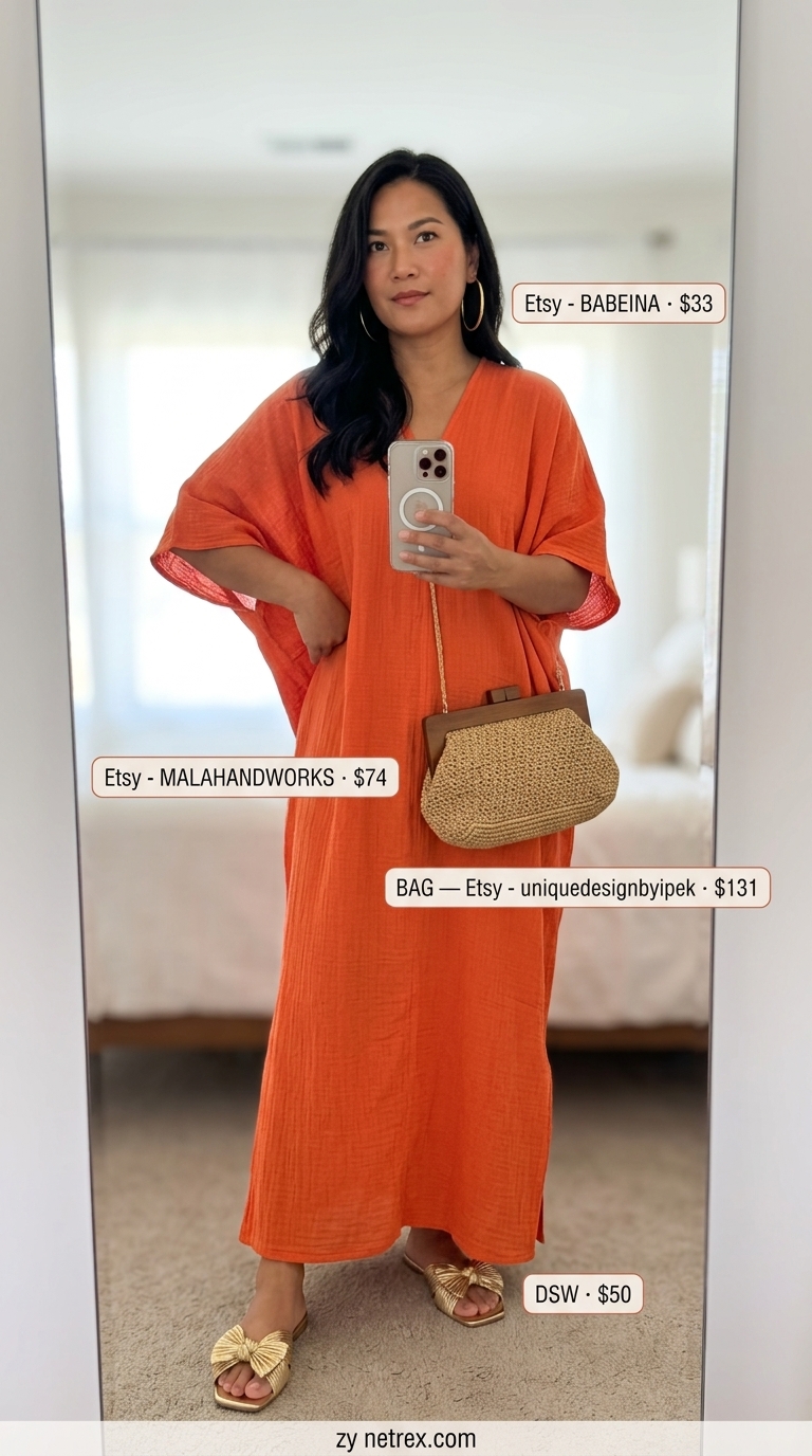 Terracotta cotton gauze caftan maxi dress for a desert oasis retreat. Summer cotton dresses 2026.