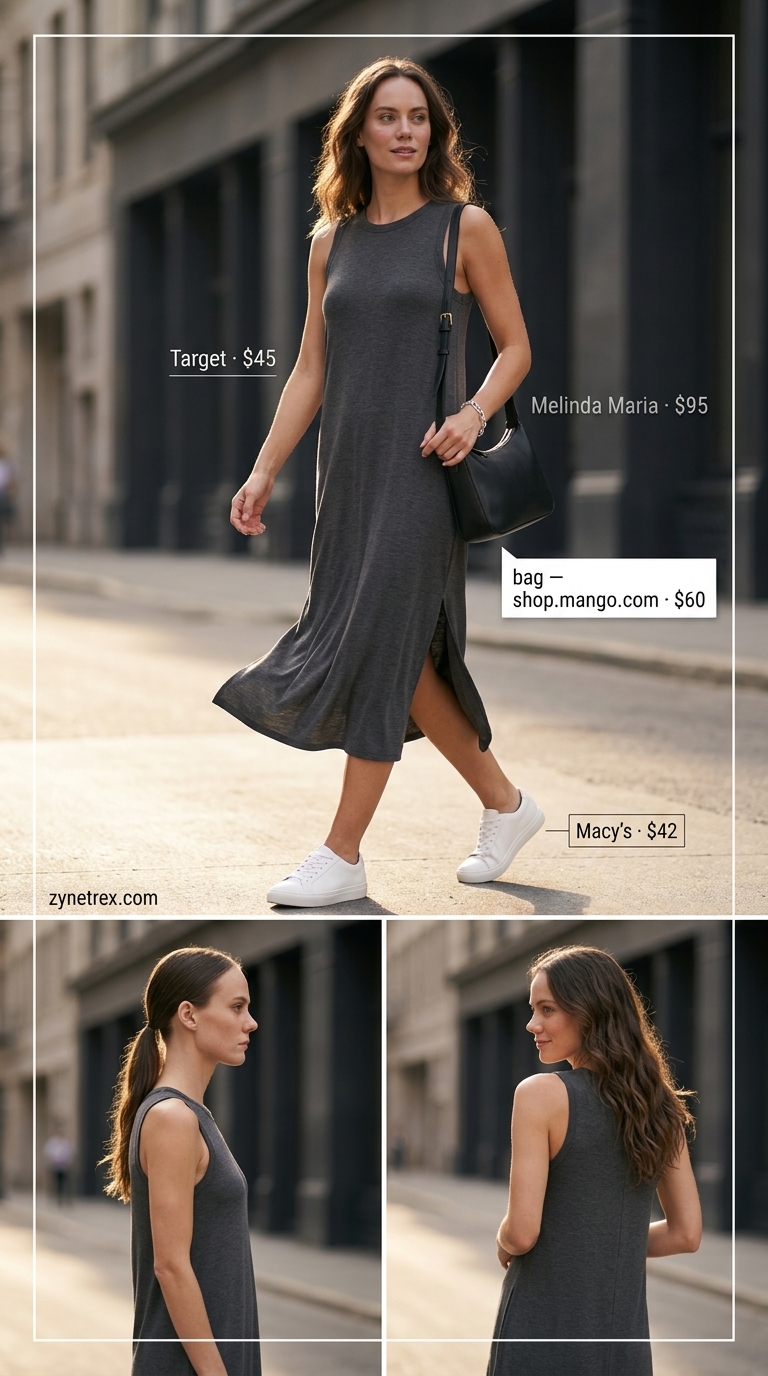 Urban minimalist chic outfit with charcoal grey cotton dress and white sneakers for a casual dinner.
