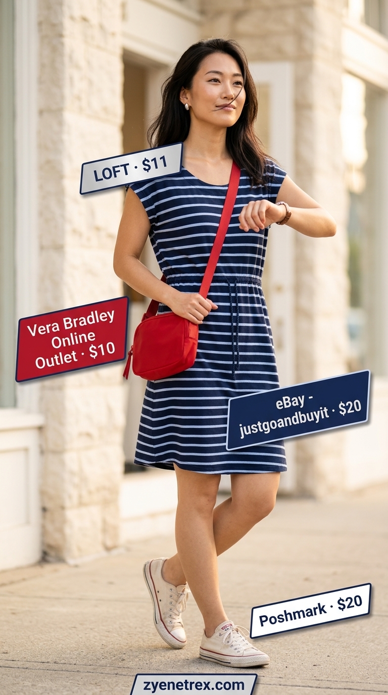 Navy and white striped cotton t-shirt dress with red belt bag and white sneakers for summer cotton dresses 2026.