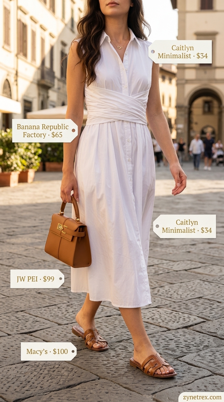 Optic white cotton poplin midi shirt dress for Riviera chic brunch. Summer cotton dresses 2026.