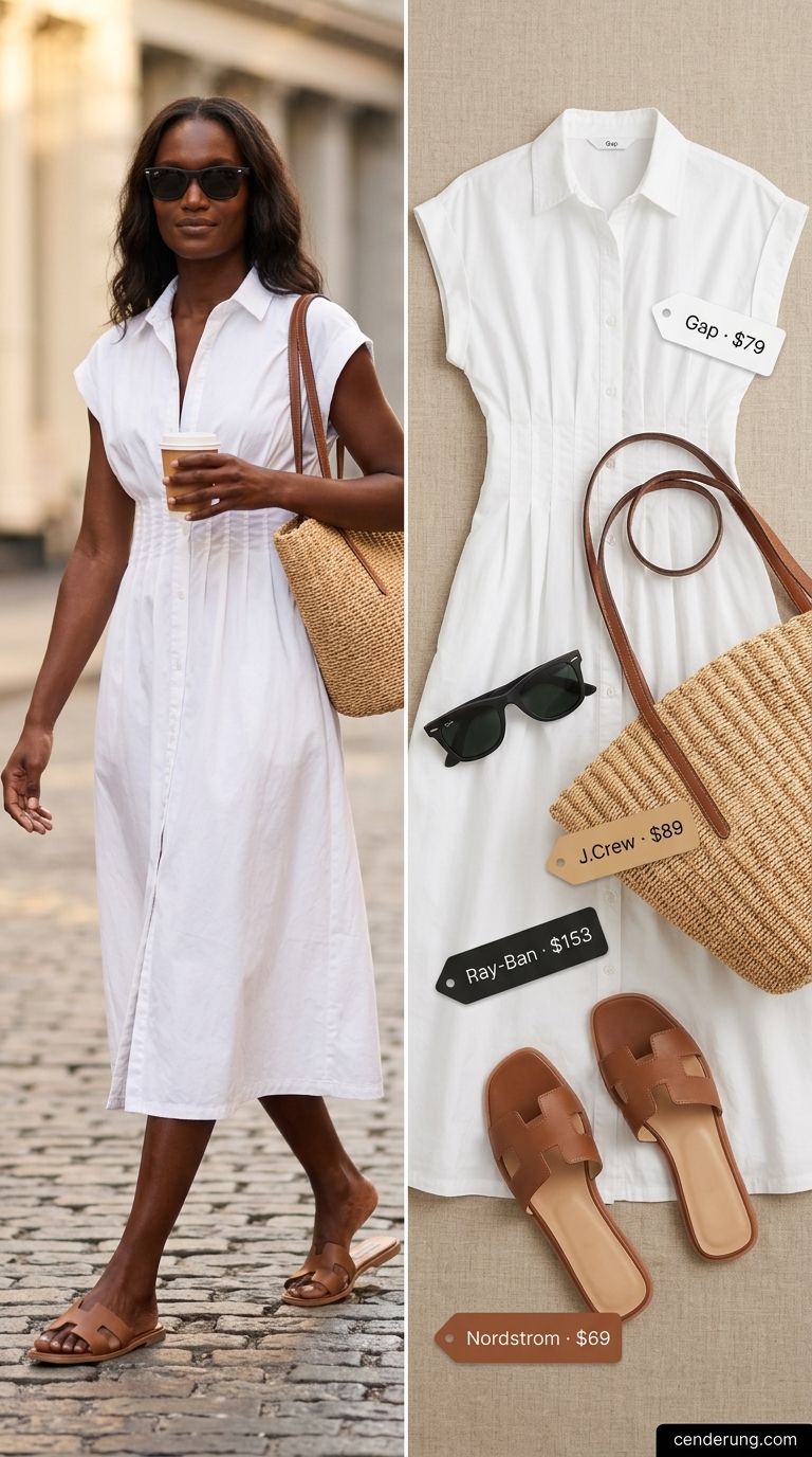 White cotton poplin midi shirt dress for a mid-week market run. Summer cotton dresses 2026.