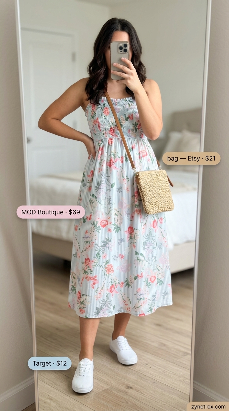 Summer Dresses 2026: Romantic Brunch Style Pastel floral midi sundress with smocked bodice and white sneakers for a romantic brunch date.