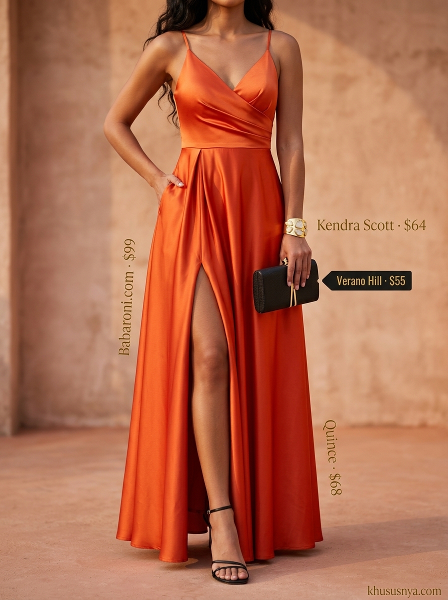 Sunset orange maxi dress with black sandals and gold jewelry for a summer evening event.