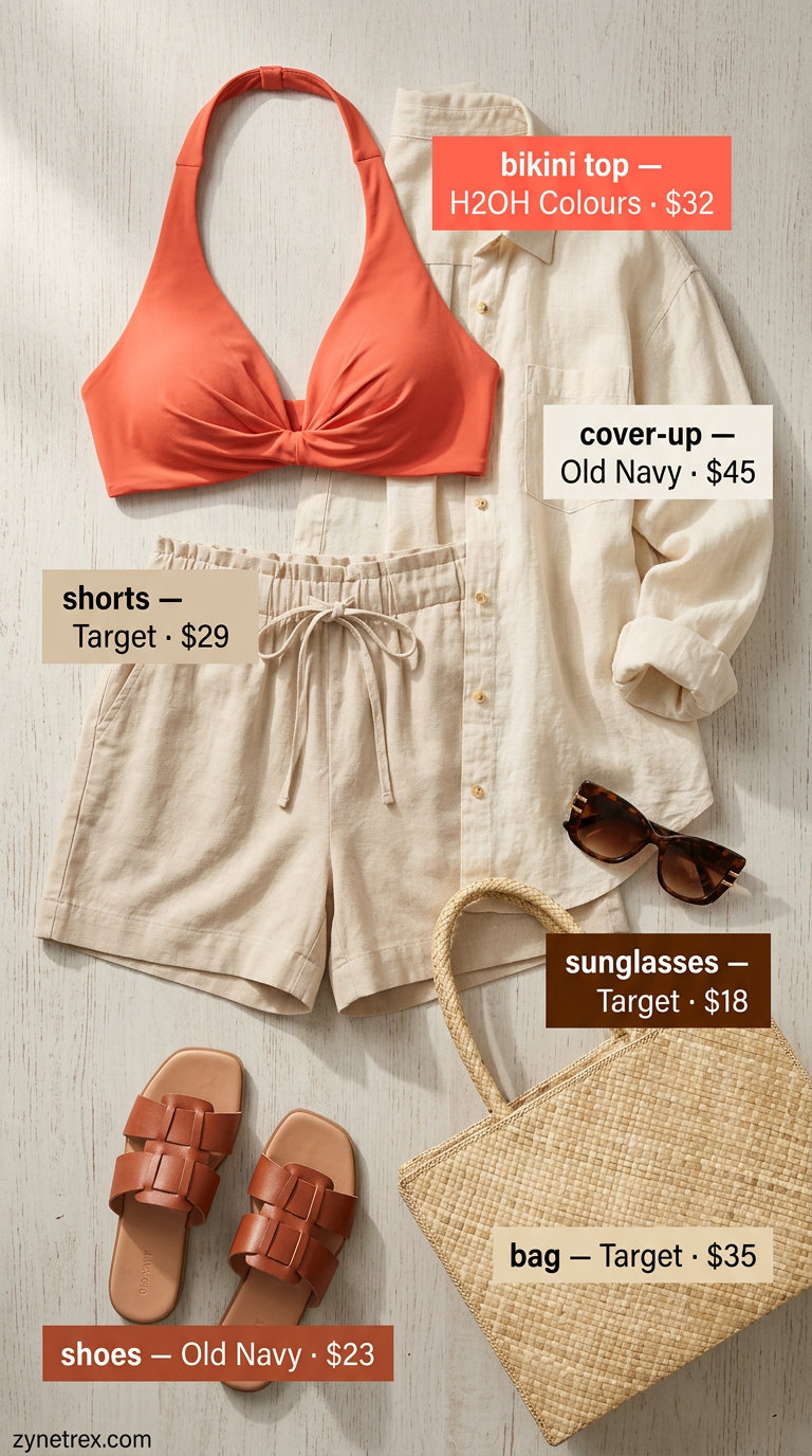 Stylish terracotta orange halter neck bikini top with linen shorts for poolside 2026.