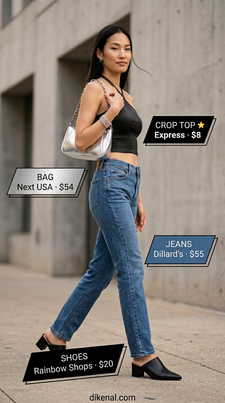 Black halter knit crop top and straight-leg jeans outfit for women 2026. Sophisticated casual chic look for city outings or dinner. Styled with mules and silver accessories.