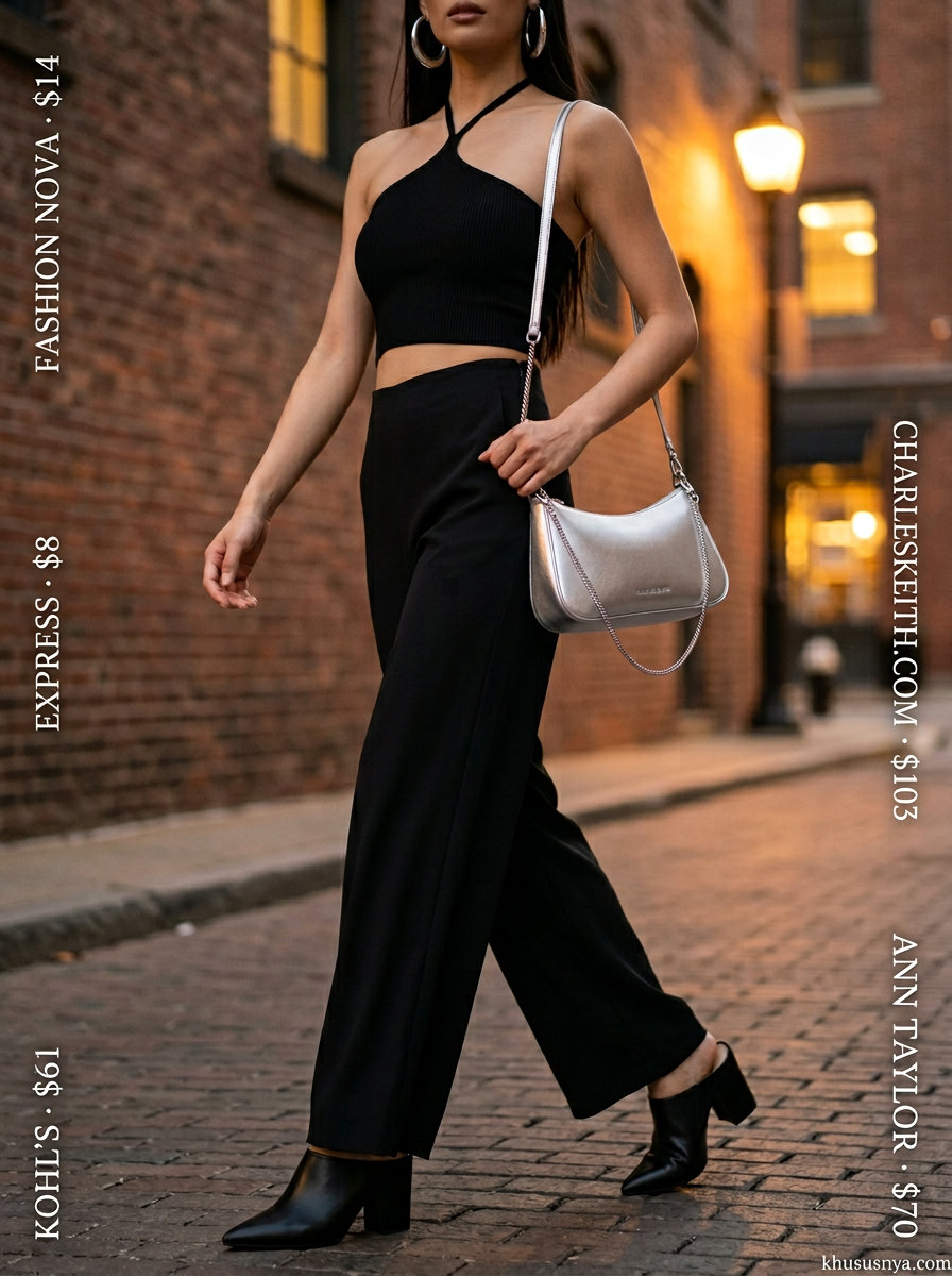 Black halter neck crop top with white wide-leg trousers for urban summer outfits for women 2026. Chic & modern.