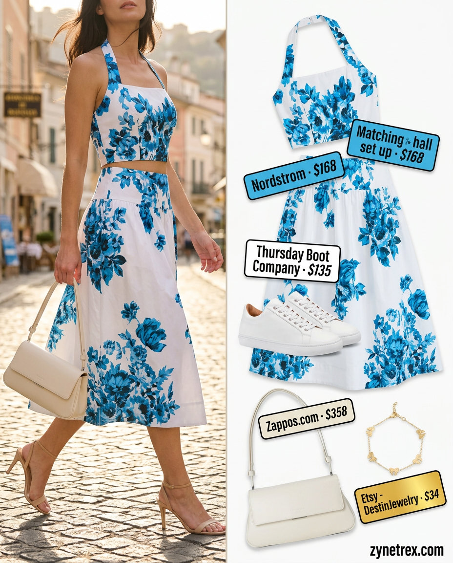 Sky blue floral halter neck crop top and midi skirt set for summer outfits for women 2026. Fresh & relaxed.