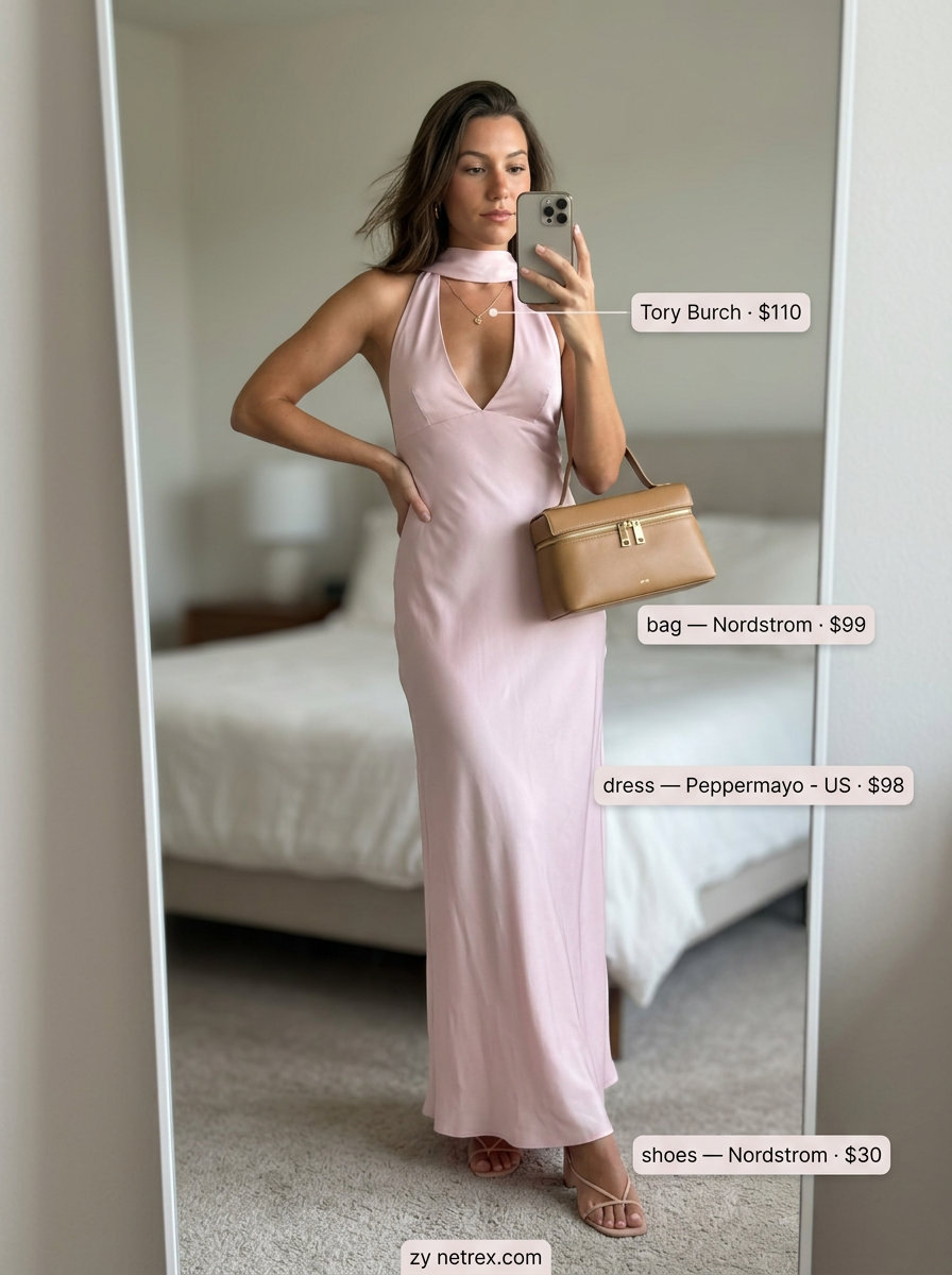Blush pink halter neck slip dress for summer Halter Neck outfits for women 2026. Minimalist chic for date night.