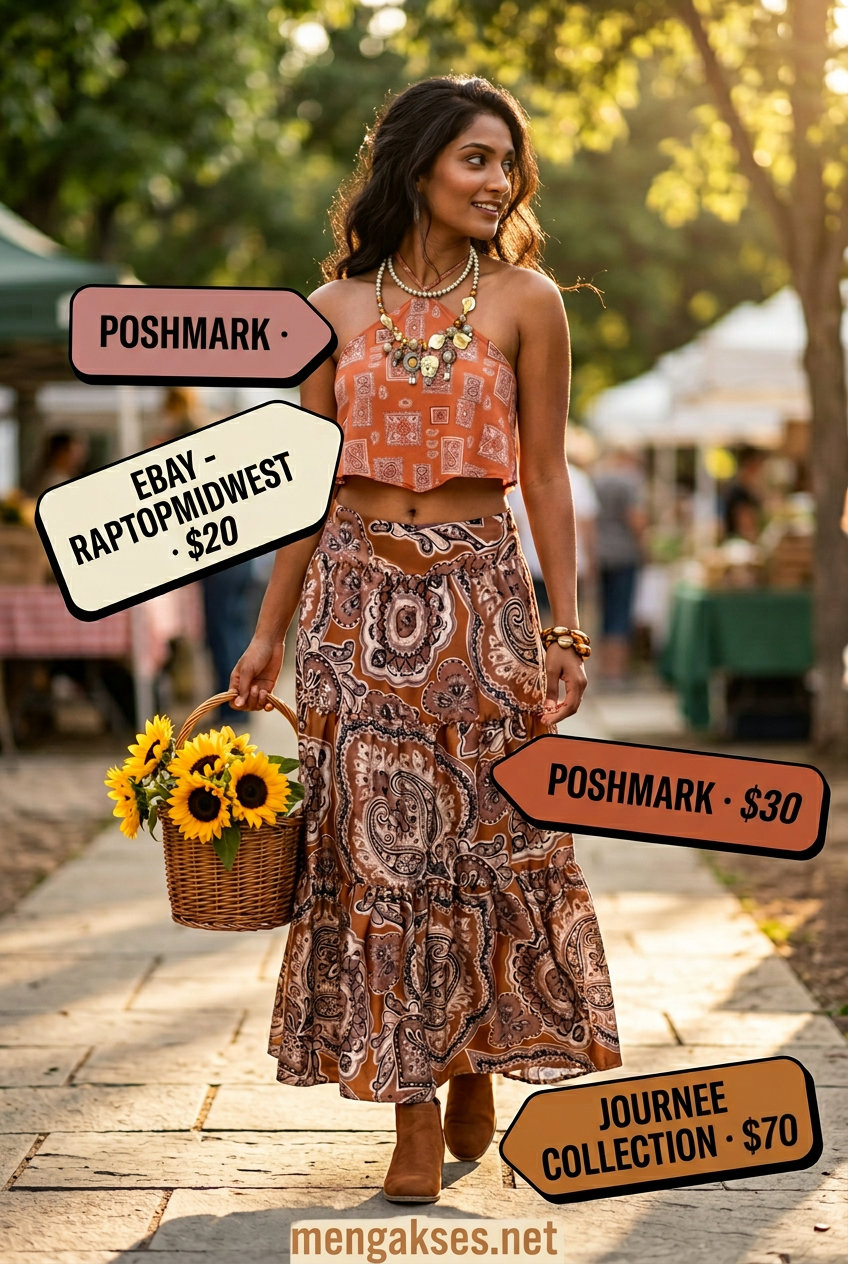 Boho halter crop top and tiered maxi skirt outfit for women 2026. Free-spirited look for festivals or casual days. Styled with suede boots and layered jewelry.