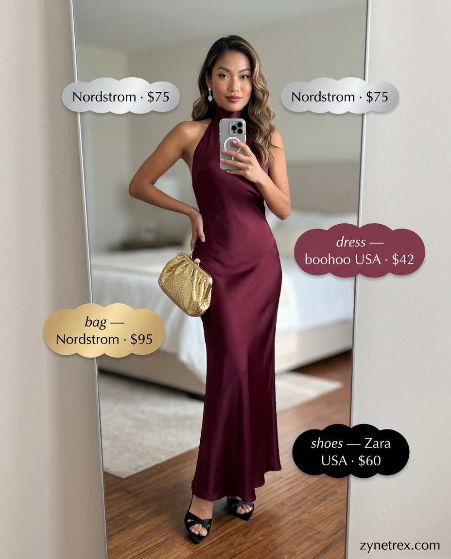 Burgundy halter neck maxi dress for glamorous formal summer outfits for women 2026. Elegant & sophisticated.
