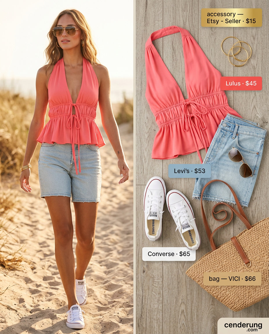 Playful coral pink halter neck crop top with denim shorts for coastal summer outfits 2026.