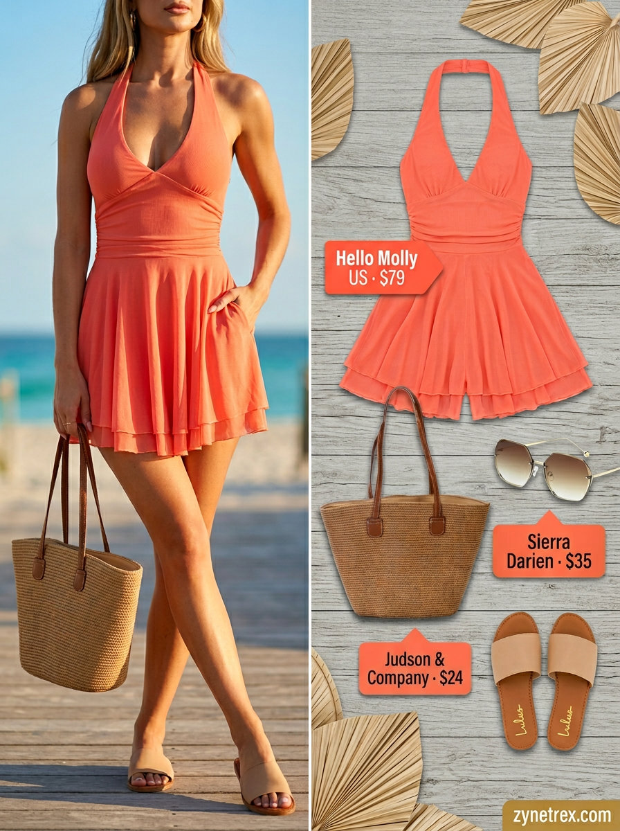 Coral linen halter romper outfit for women 2026. Perfect for vacation, beach, or summer festivals. Styled with straw tote and gold sunglasses.