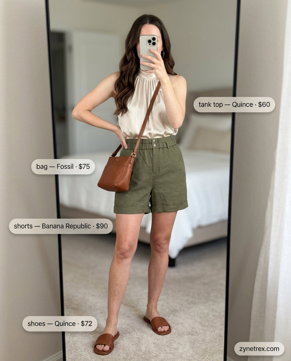 Cream halter tank top and olive green linen shorts outfit for women 2026. Chic casual look for brunch or travel. Styled with leather sandals and gold hoops.