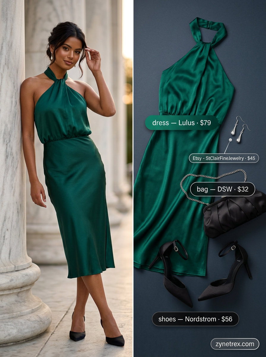 Elegant emerald green satin halter neck midi dress for cocktail parties 2026.