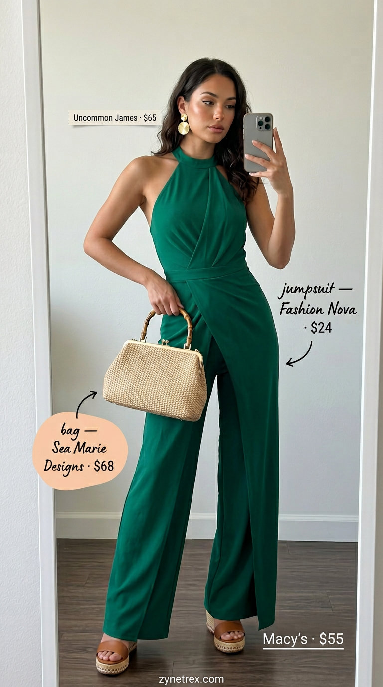 Chic emerald green halter neck wide-leg jumpsuit for vacation summer outfits 2026.