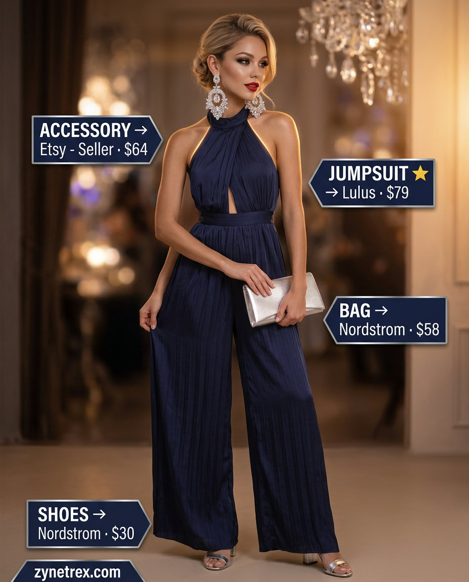 Navy blue halter jumpsuit for women 2026. Elegant evening wear for formal summer events, galas, or wedding guests. Styled with silver accessories.