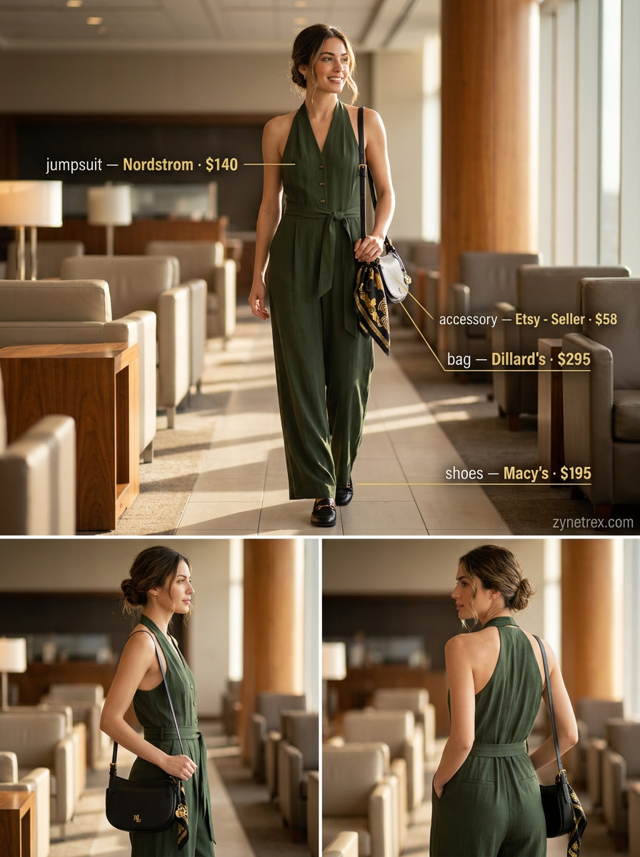 Chic olive green halter neck jumpsuit for summer travel outfits for women 2026. Comfortable & practical for flights.