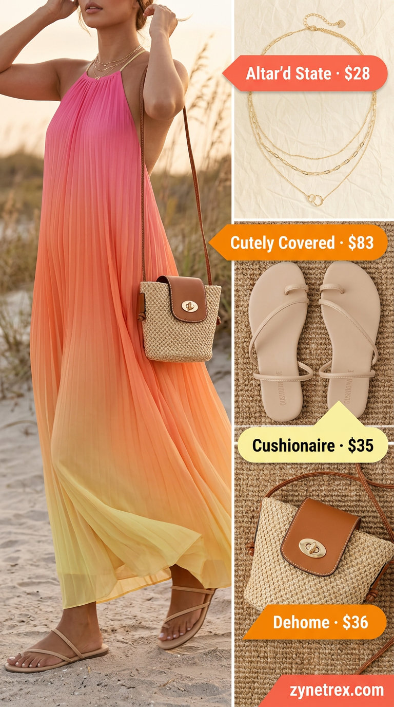 Sunset ombré halter maxi dress for women 2026. Romantic bohemian outfit for summer evenings or beach dinners. Styled with straw bag and delicate jewelry.
