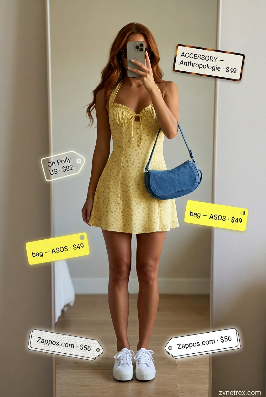Retro yellow floral halter neck mini dress with white sneakers for summer 2026.
