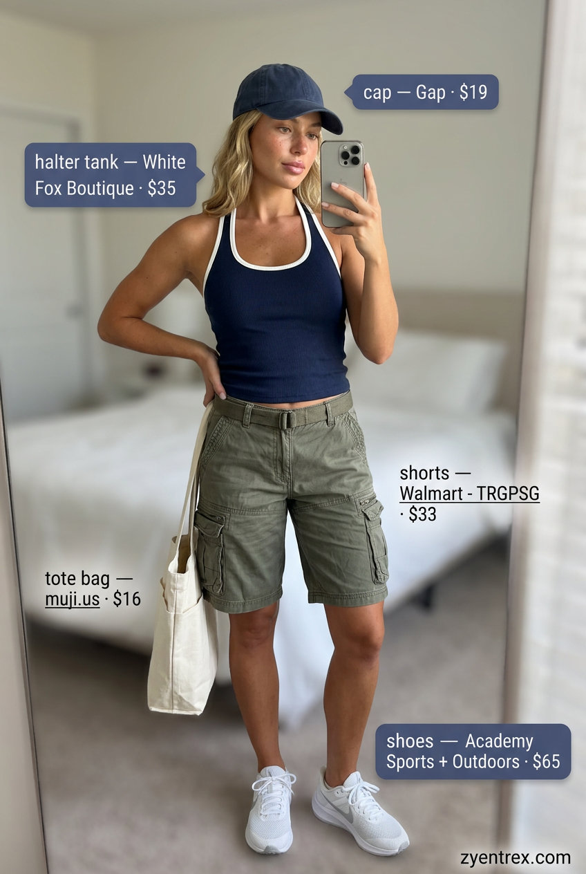 Sporty summer halter neck outfit for women 2026 with navy tank, khaki cargo shorts, and white sneakers.