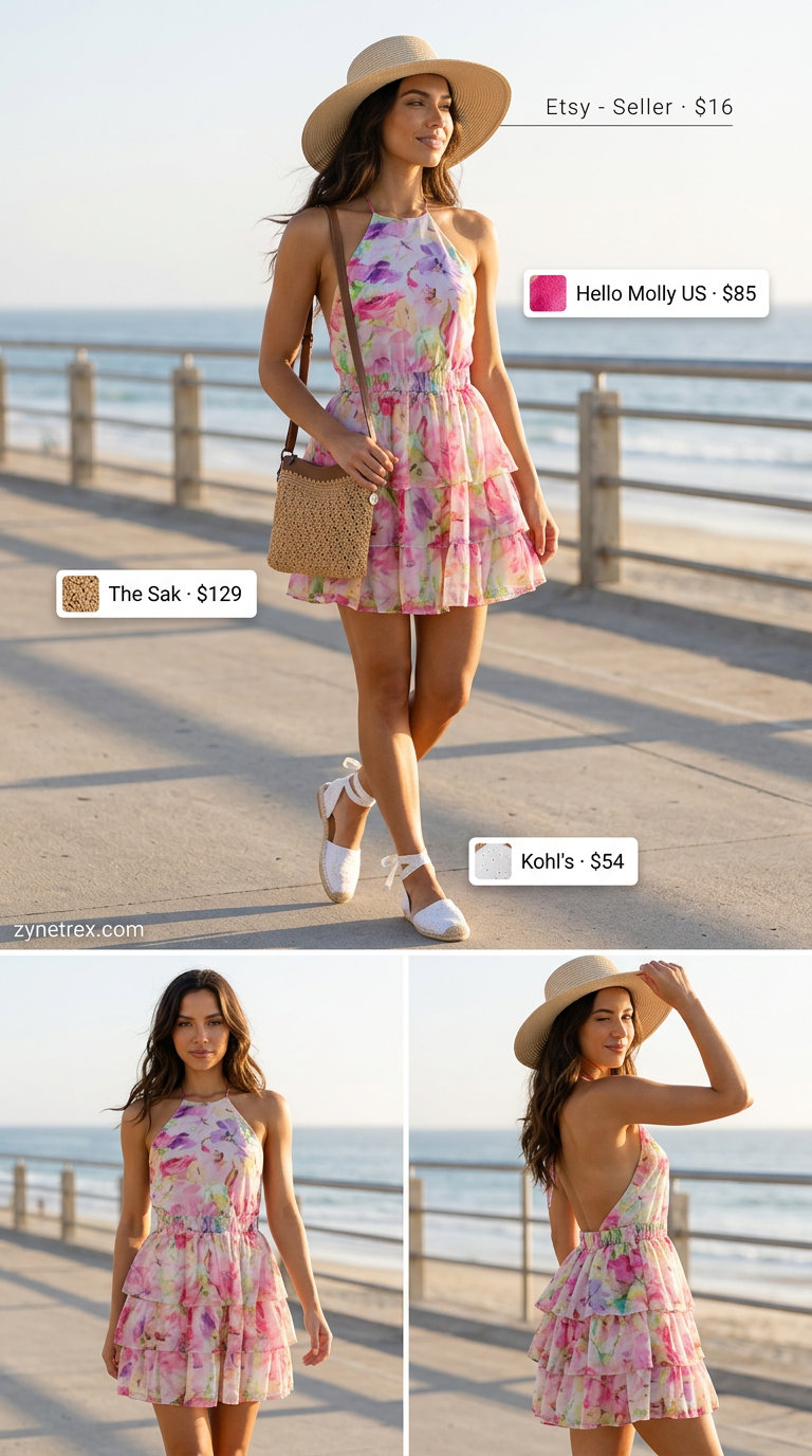 Fun tropical print halter neck mini dress for vacation outfits 2026.