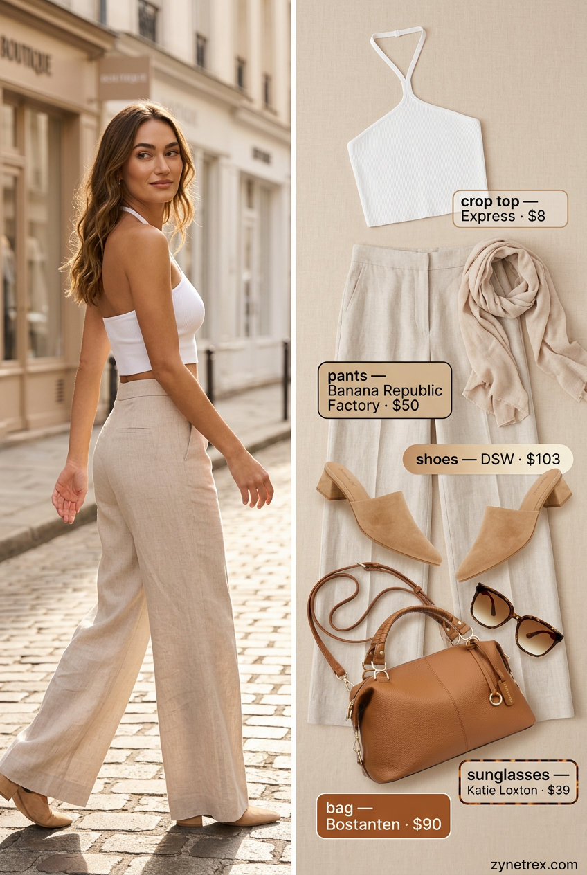 Modern white halter neck crop top with beige wide-leg trousers for urban summer outfits 2026.