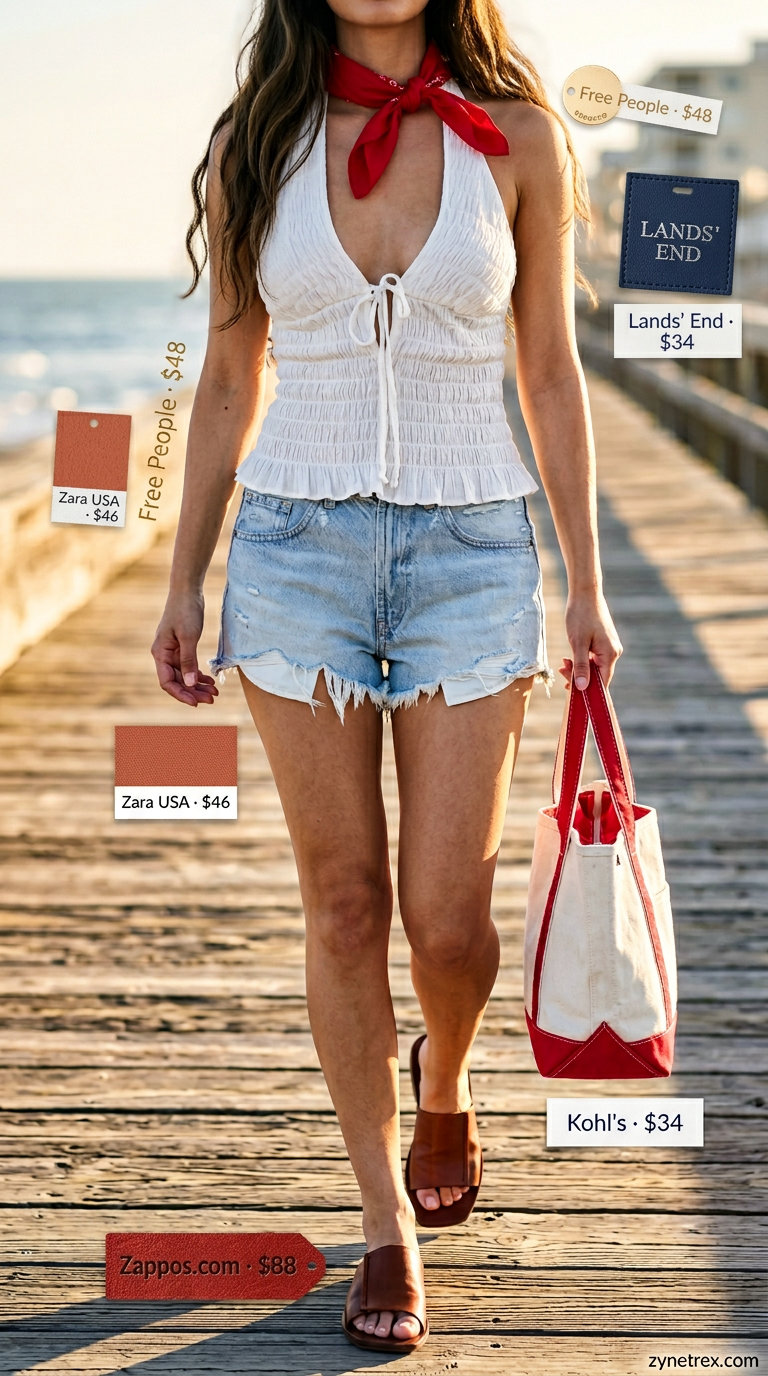White peasant halter blouse and denim shorts outfit for women 2026. Casual nautical look for beach days or coastal towns. Styled with red bandana and canvas tote.