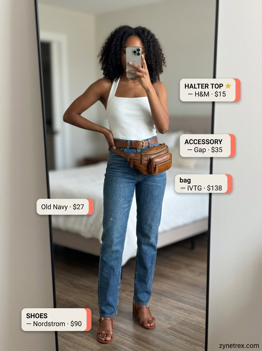 White halter neck top with high-waisted jeans for casual summer outfits for women 2026. Cool & timeless.