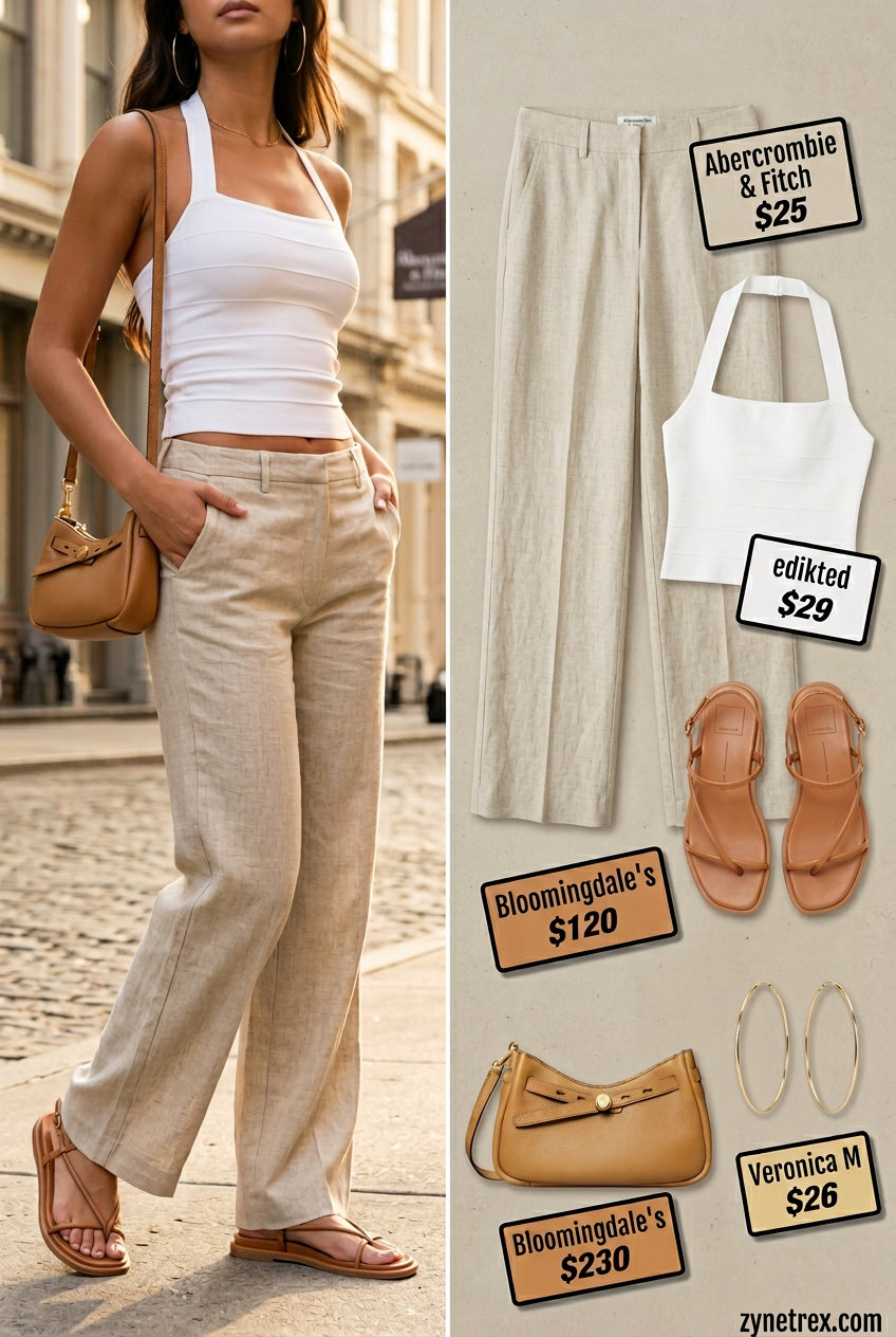 White halter crop top and beige linen pants outfit for women 2026. Modern summer look for city exploration or brunch. Styled with gold hoops and sandals.