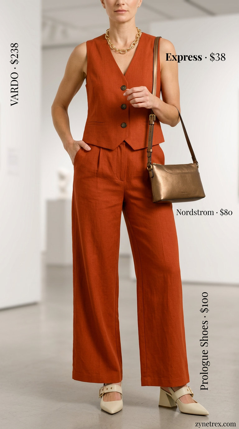 Creative summer linen outfit for women over 40 2026: Terracotta linen set, ivory mules, bronze bag, gold necklace.