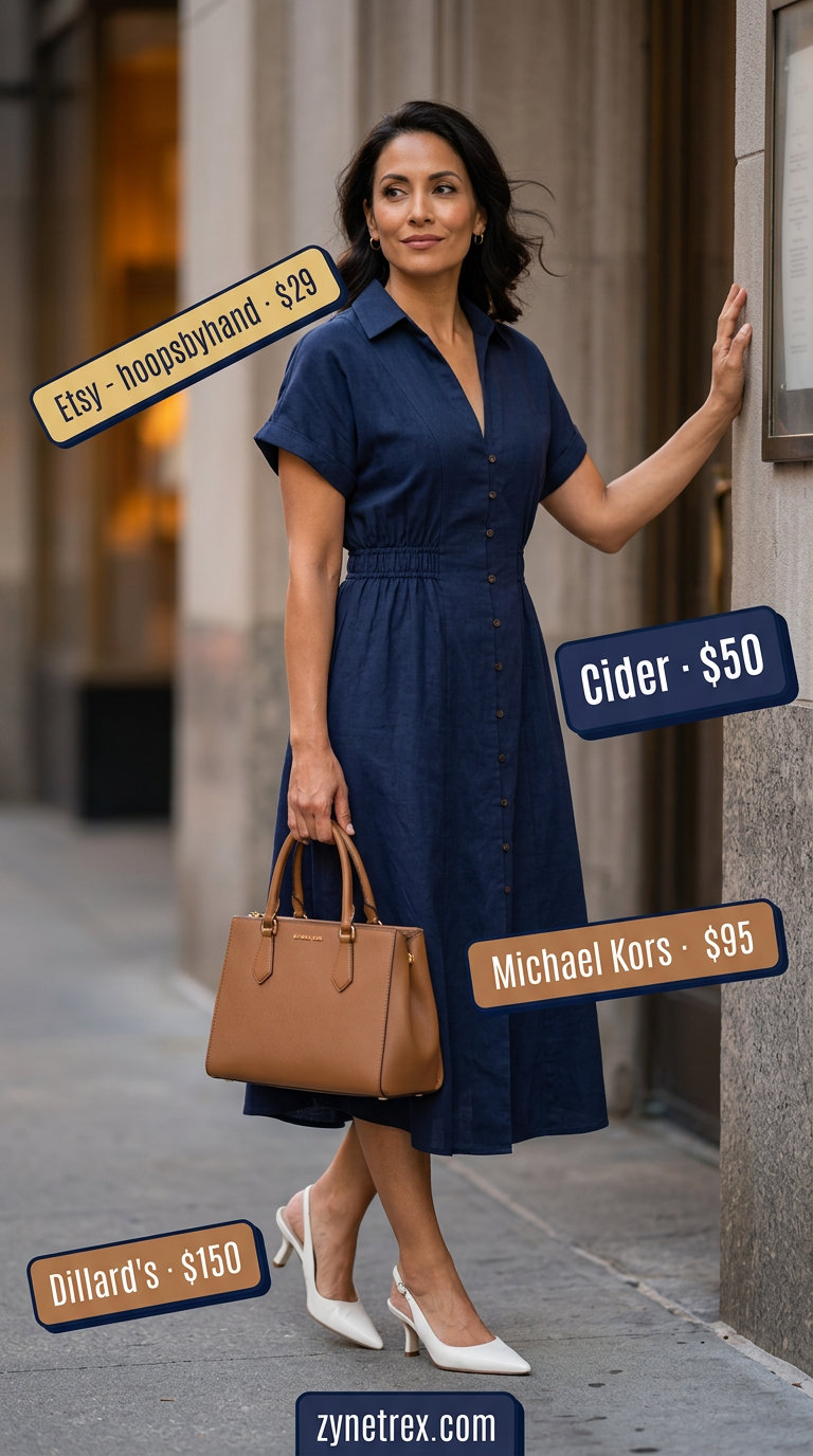 Polished summer linen outfit for women over 40 2026: Navy midi shirt dress, white slingbacks, tan structured bag, gold earrings.