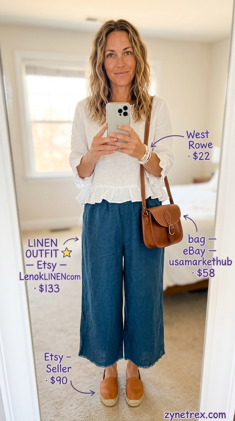 Chambray linen outfit for women over 40 2026: Culottes, tunic top, espadrille slides for casual weekend.