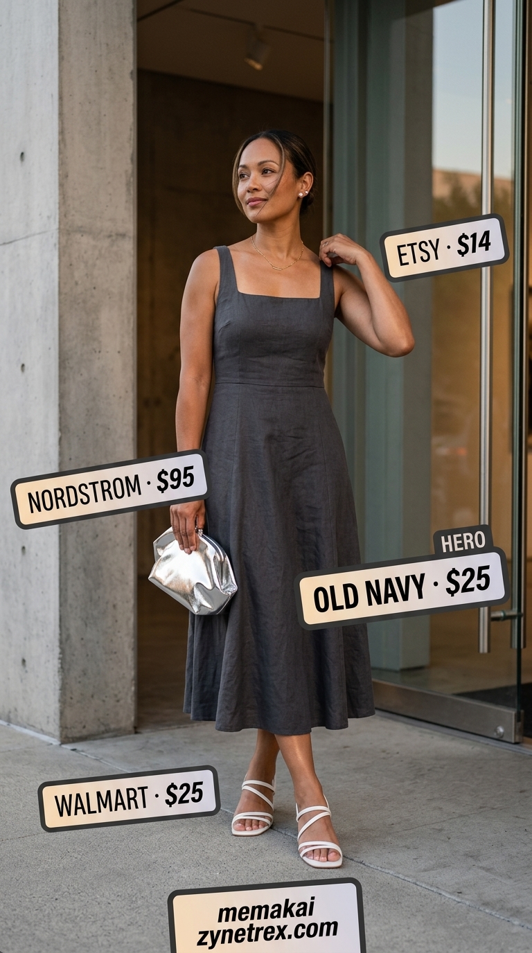 Charcoal grey linen outfit for women over 40 2026: Midi dress, block heels, envelope clutch for gallery.