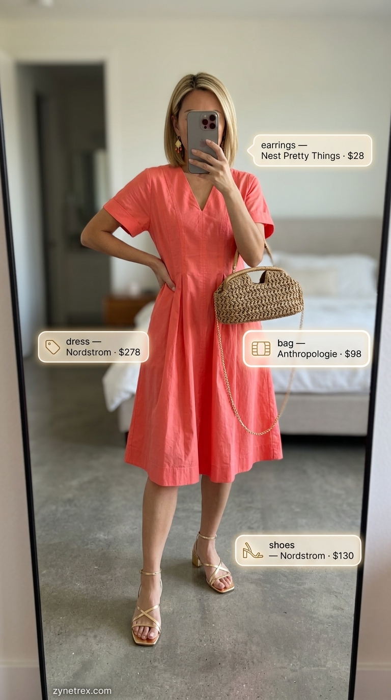 Coral linen outfit for women over 40 2026: A-line midi dress, woven clutch, gold sandals for garden party.