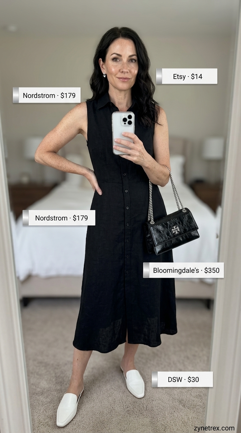 Sophisticated summer linen outfit for women over 40 2026: Black midi dress, white mules, silver earrings, black shoulder bag.