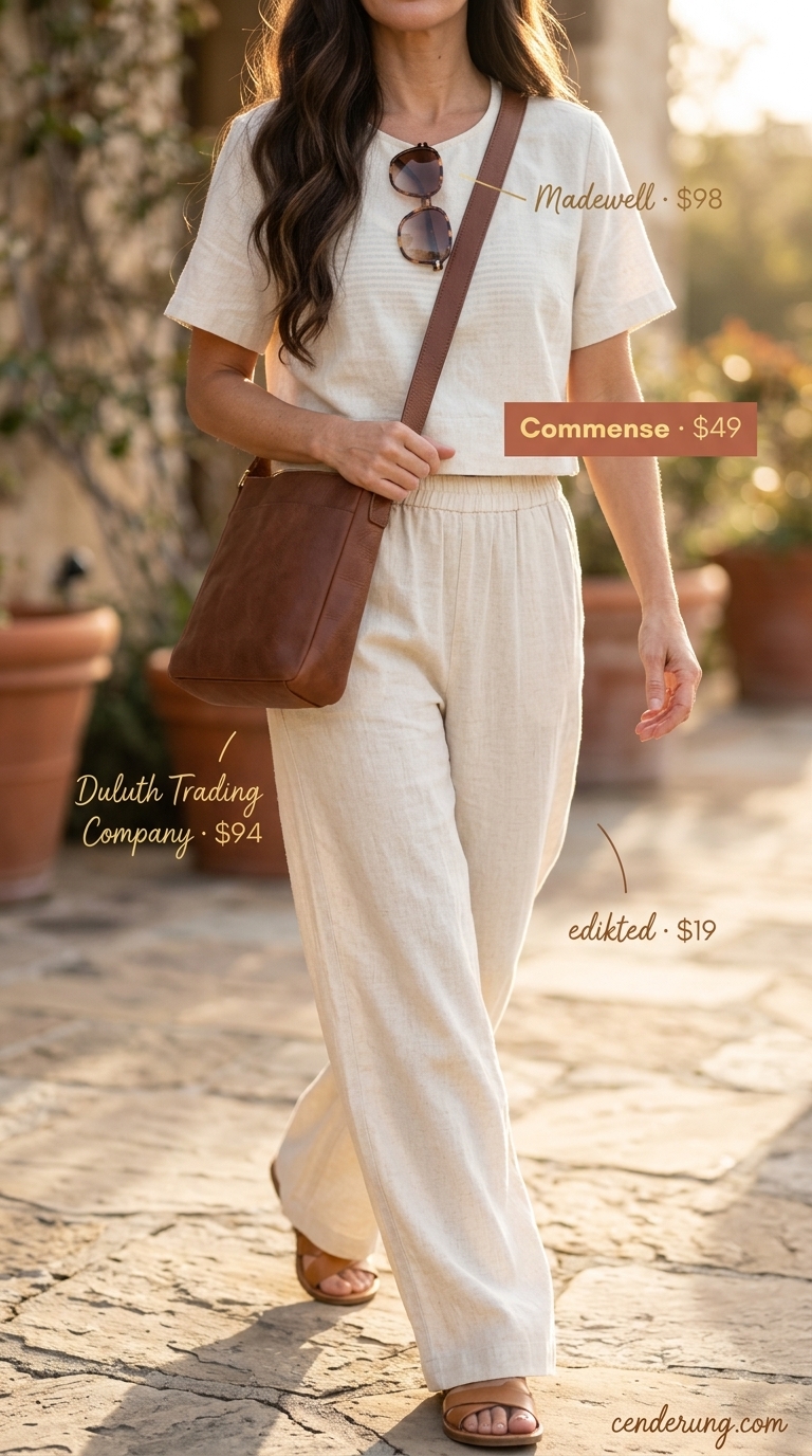 Khaki linen set for women over 40 2026: Palazzo pants, knit top, espadrille flats for safari chic.