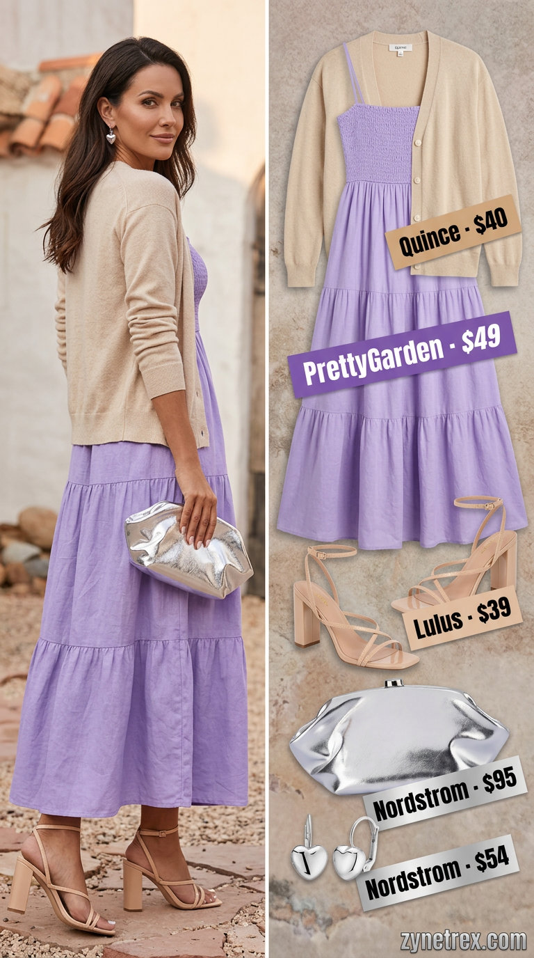 Lavender linen outfit for women over 40 2026: Flowy maxi dress, knit cardigan, silver earrings for evening.