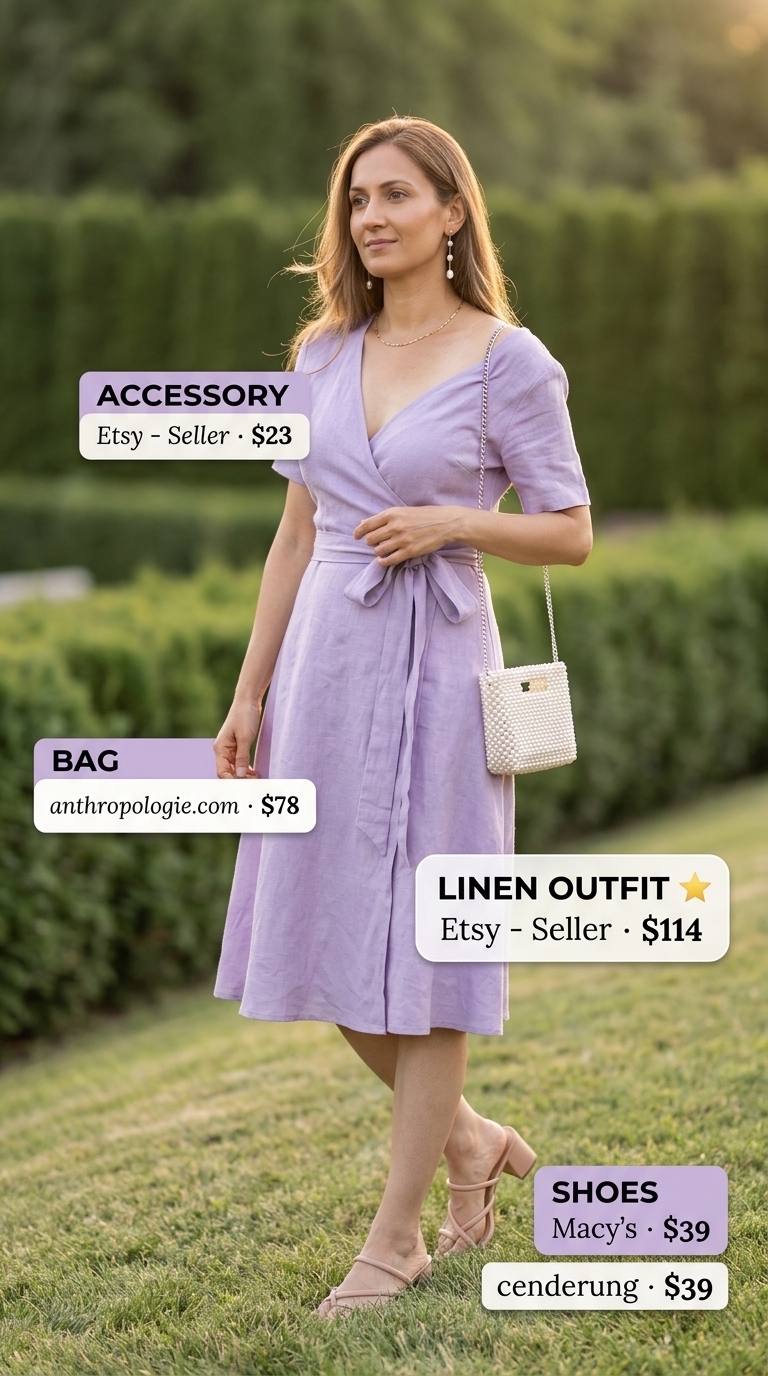 Lavender linen wrap dress for women over 40 2026: Midi dress, block heels, pearl bag for garden party.