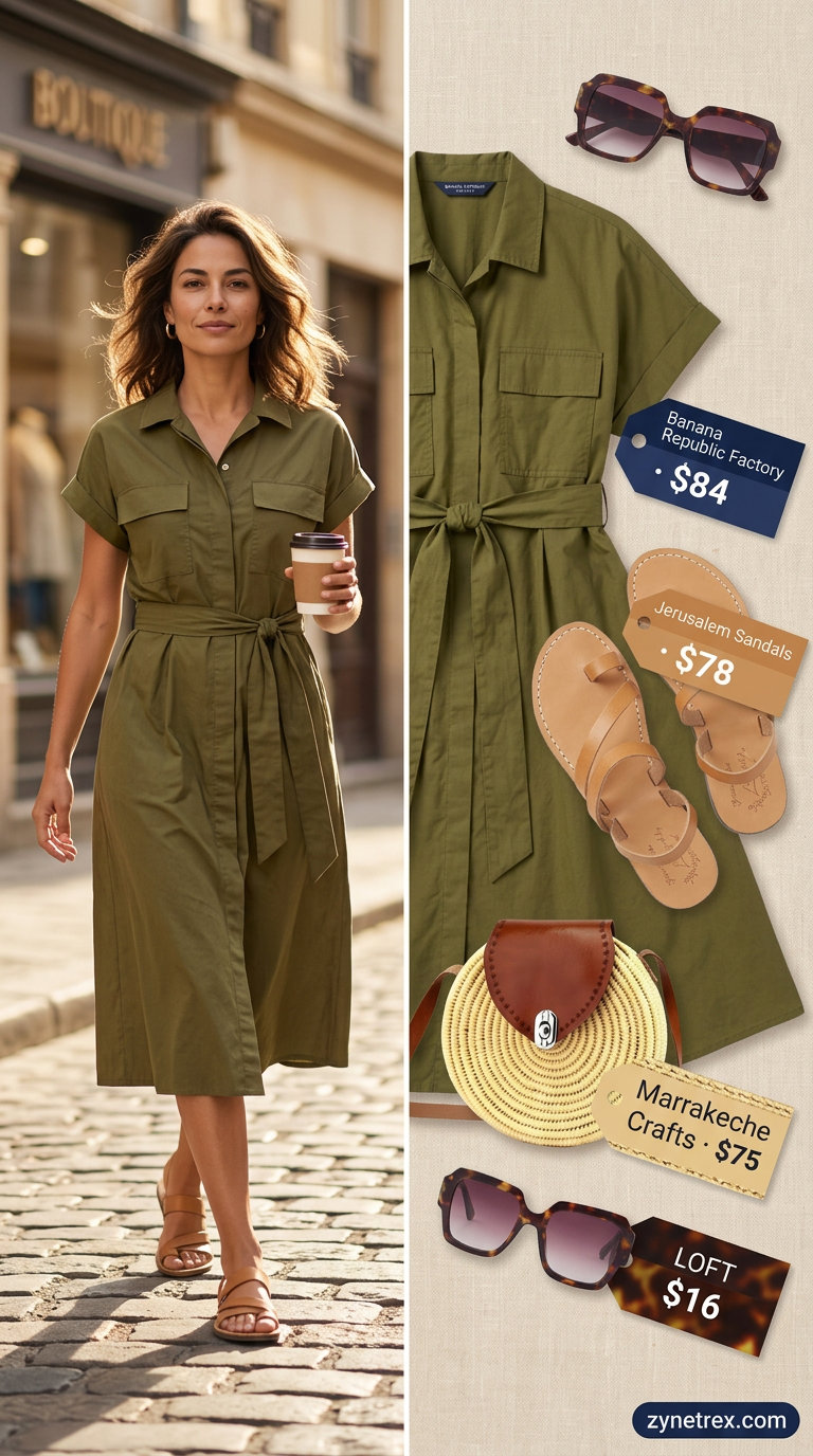Adventurous summer linen outfit for women over 40 2026: Olive shirtdress, tan sandals, straw crossbody, tortoise sunglasses.