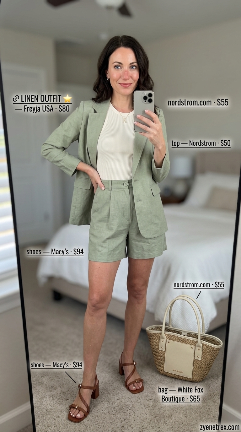 Sage green linen outfit for women over 40 2026: Tailored shorts, vest, knit tank for sophisticated brunch.