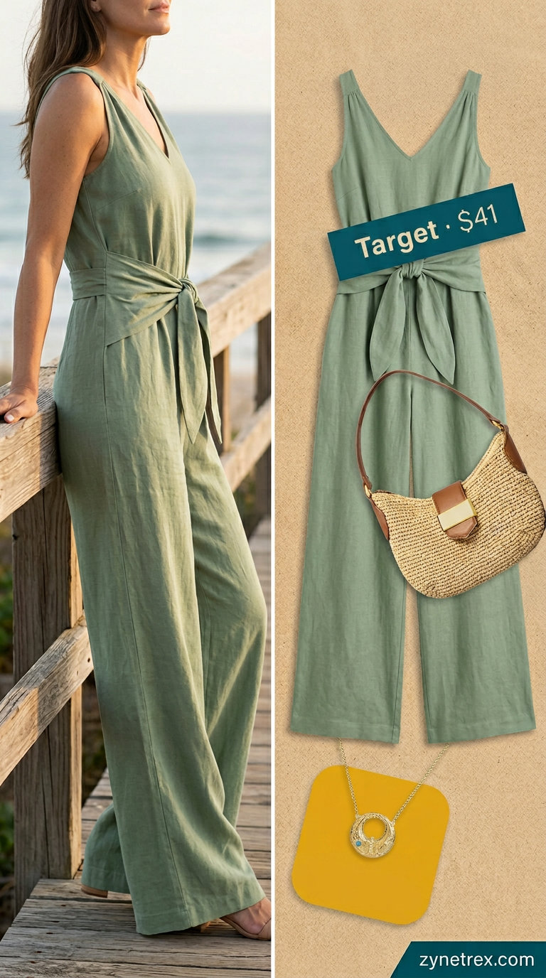 Chic summer linen outfit for women over 40 2026: Sage green wide-leg jumpsuit, tan slides, straw bag, gold necklace.