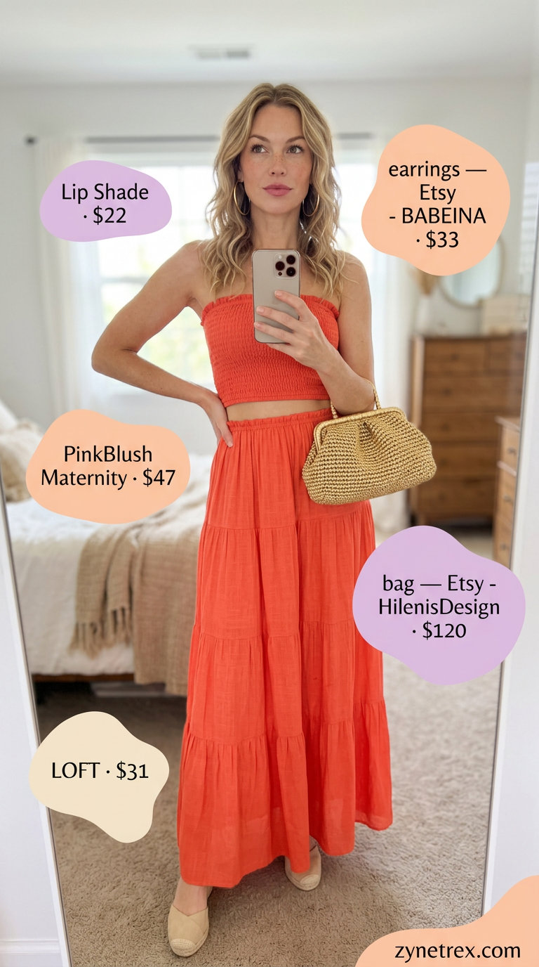 Vibrant summer linen outfit for women over 40 2026: Coral skirt set, espadrille wedges, gold hoops, metallic clutch.