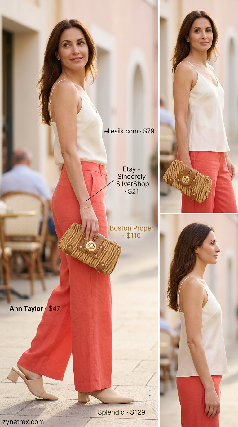 Elegant summer linen outfit for women over 40 2026: Coral trousers, cream camisole, nude mules, rattan clutch, gold bracelet.