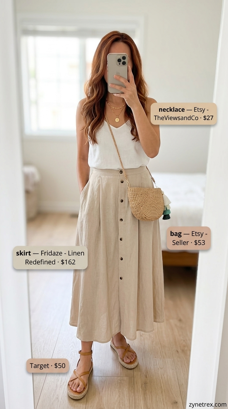 Terracotta linen outfit for women over 40 2026: Maxi skirt, cropped vest, espadrilles for bohemian style.