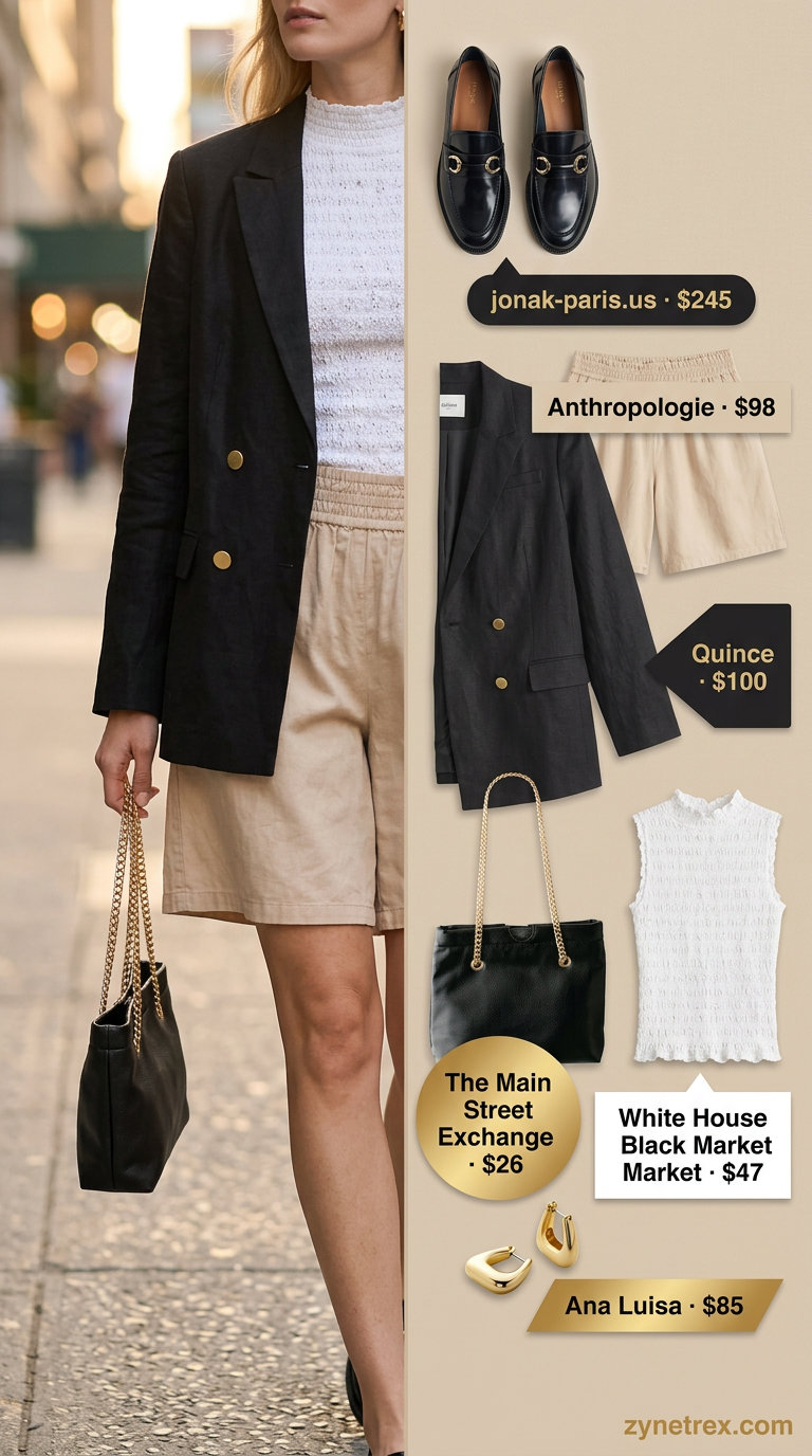 Modern summer linen outfit for women over 40 2026: Sand shorts, black blazer, black top, black loafers, gold hoops.