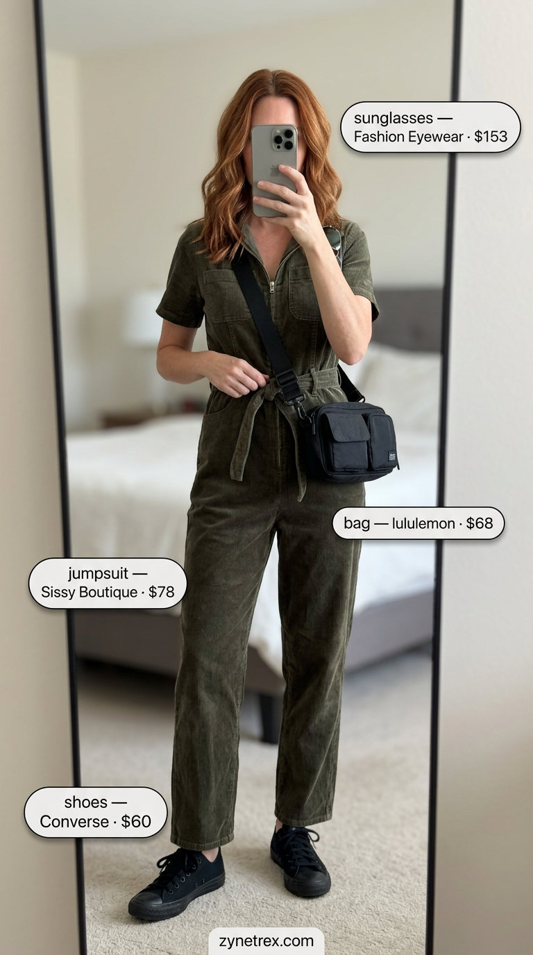 Practical summer linen outfit for women over 40 2026: Olive utility jumpsuit, black sneakers, black crossbody, aviator sunglasses.