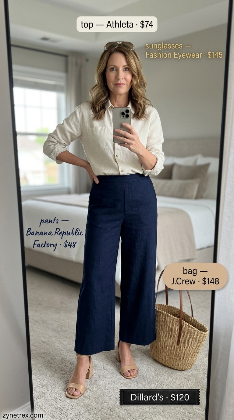 Chic navy blue linen culottes outfit for women over 50 in 2026. Features white knit top, tan sandals, and straw tote.