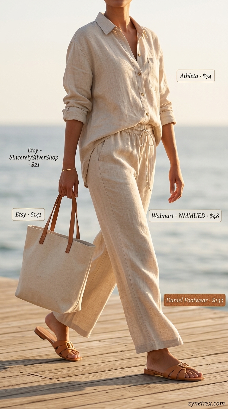 Relaxed soft beige linen matching set outfit for women over 50 in 2026. Features white tote, tan slides, and gold bracelet.